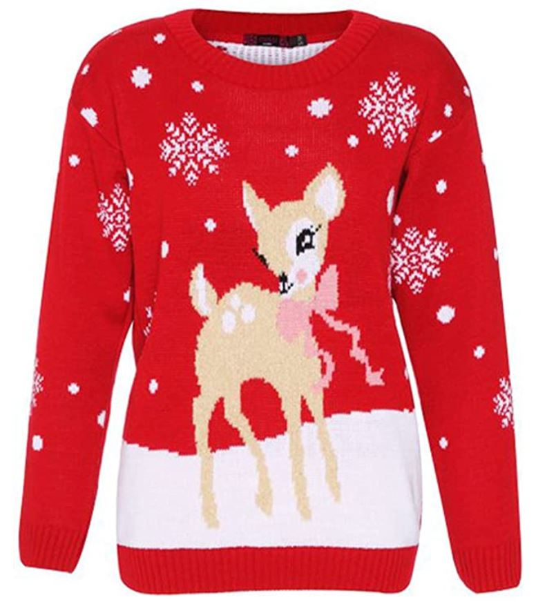 pull de noel rouge avec une biche pour femme 1